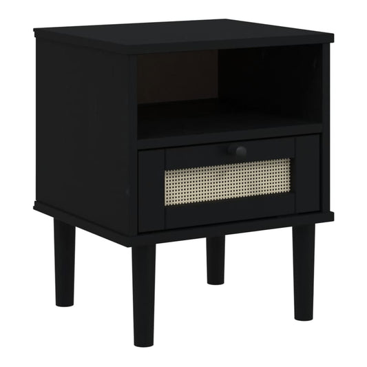 Black bedside cabinet with rattan drawer detail and open shelf above