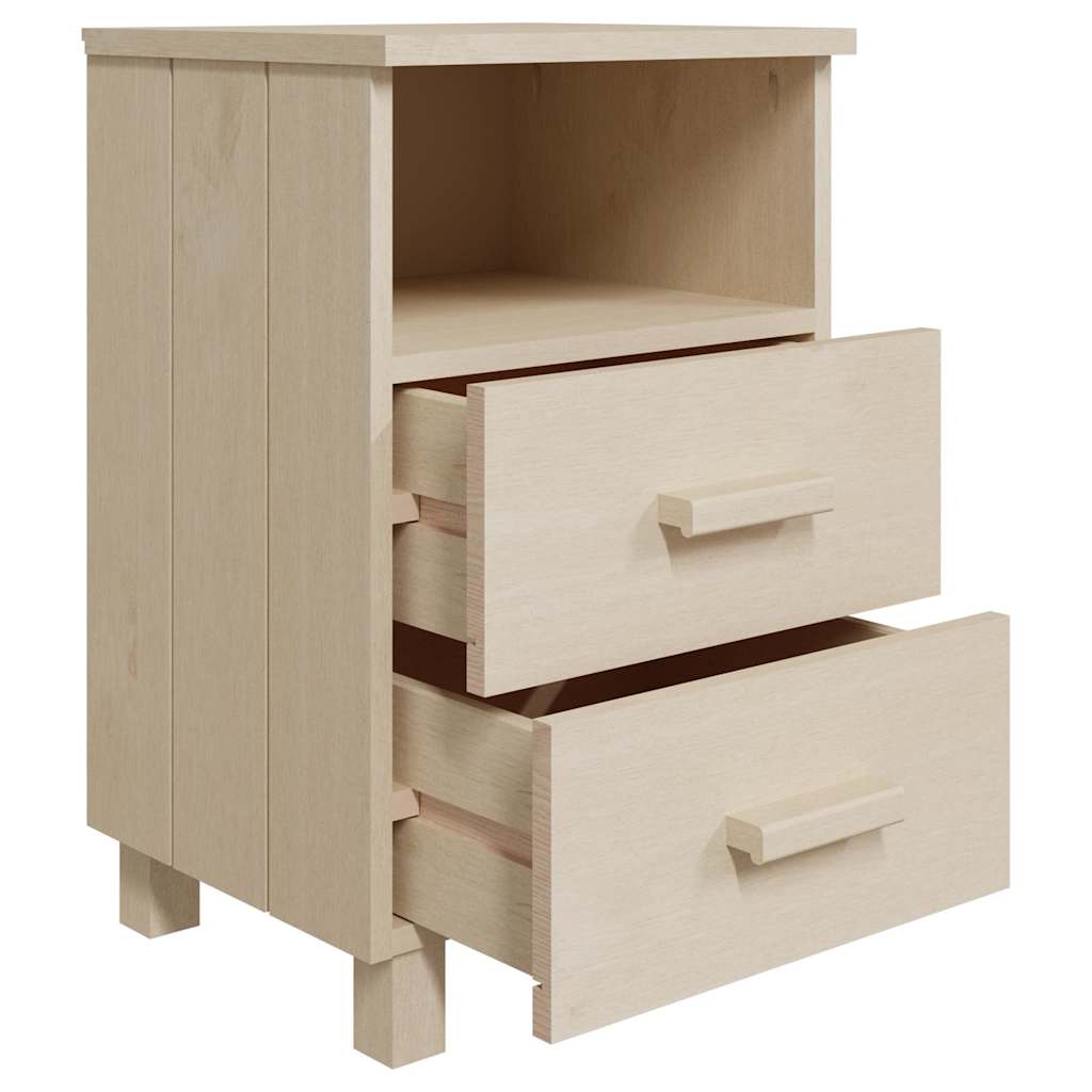 A honey brown solid wood bedside cabinet with both drawers open
