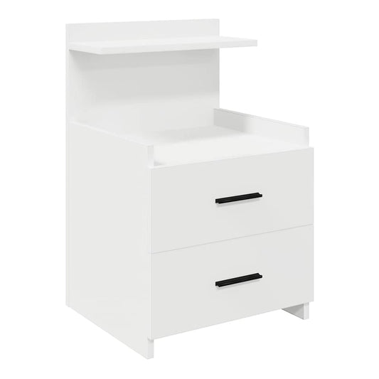 White bedside cabinet with two drawers and a small shelf above