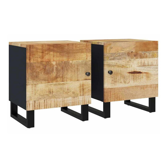 Two solid wood mango bedside tables with black metal legs and doors
