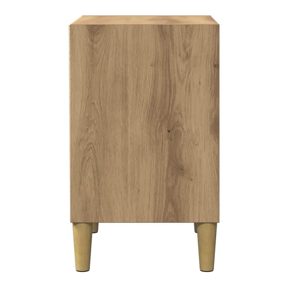Side view of a bedside table with wooden legs