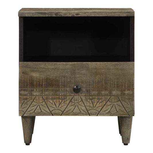 A close-up of one bedside table showing the carved drawer front and wooden legs