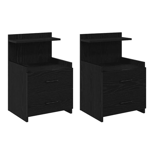 Two black bedside cabinets with two drawers each, shown side by side