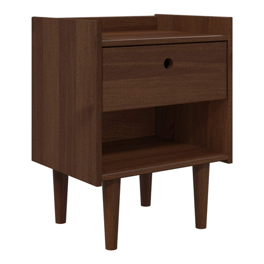 Dark caramel bedside table with one drawer and an open shelf