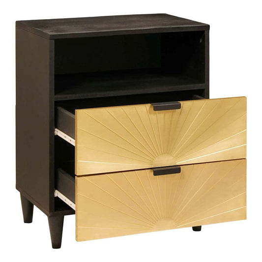 The bedside table with its two gold drawers pulled out to show the interior