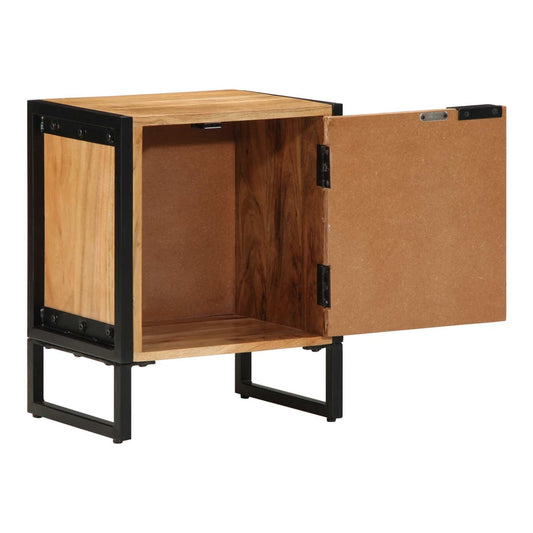 The bedside table with its door open, showing the inside storage space