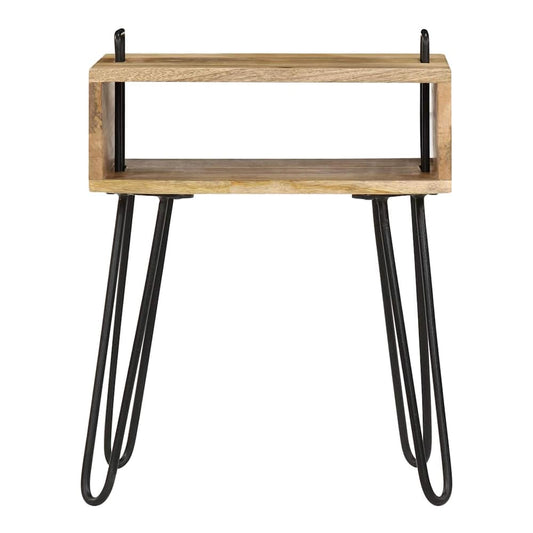 The bedside table has a simple rectangular open shelf and four black metal legs