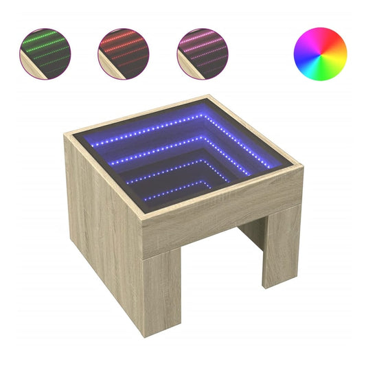 The bedside table with infinity LED lights showing different colour options