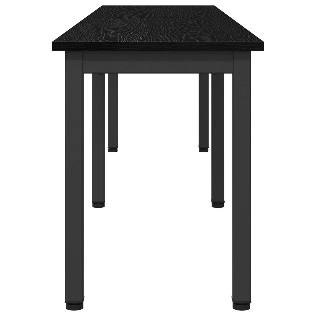 The black wooden bench seen from the side showing the leg structure and seat depth