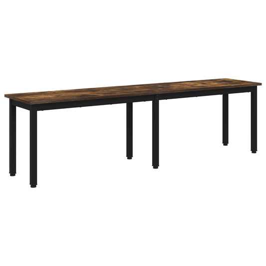 The long wooden bench with black metal legs shown from the side