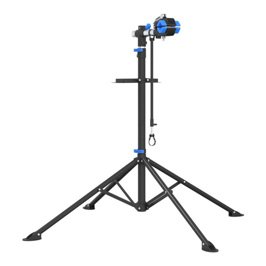 The blue and black bicycle repair stand is shown from the front