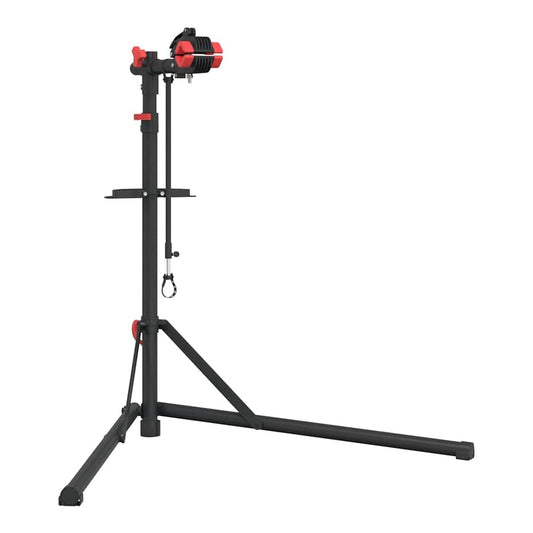 The red and black bicycle repair stand shown from the front with the clamp at the top