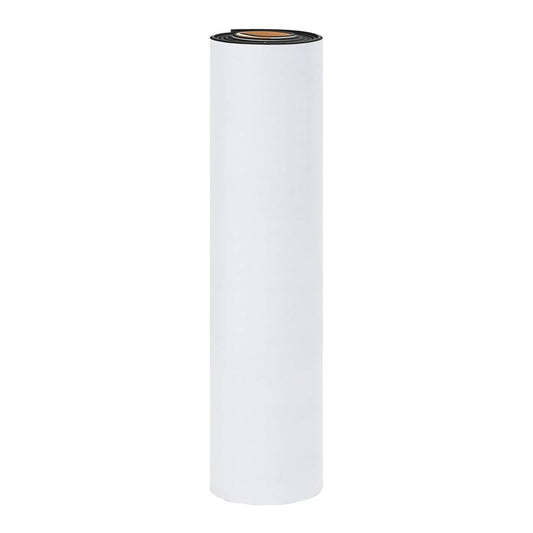 A tightly rolled boat mat with a white backing, showing the dark grey and black striped surface