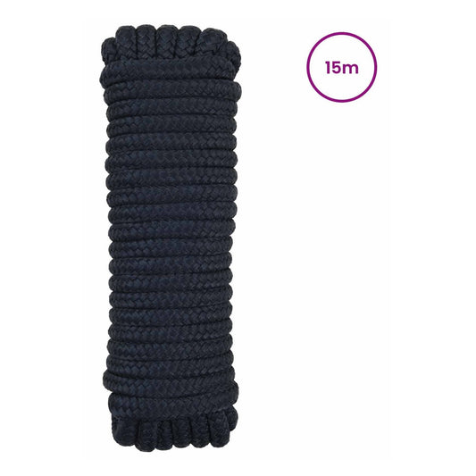 Royal blue polyester boat rope coiled, with a 15m label in a circle