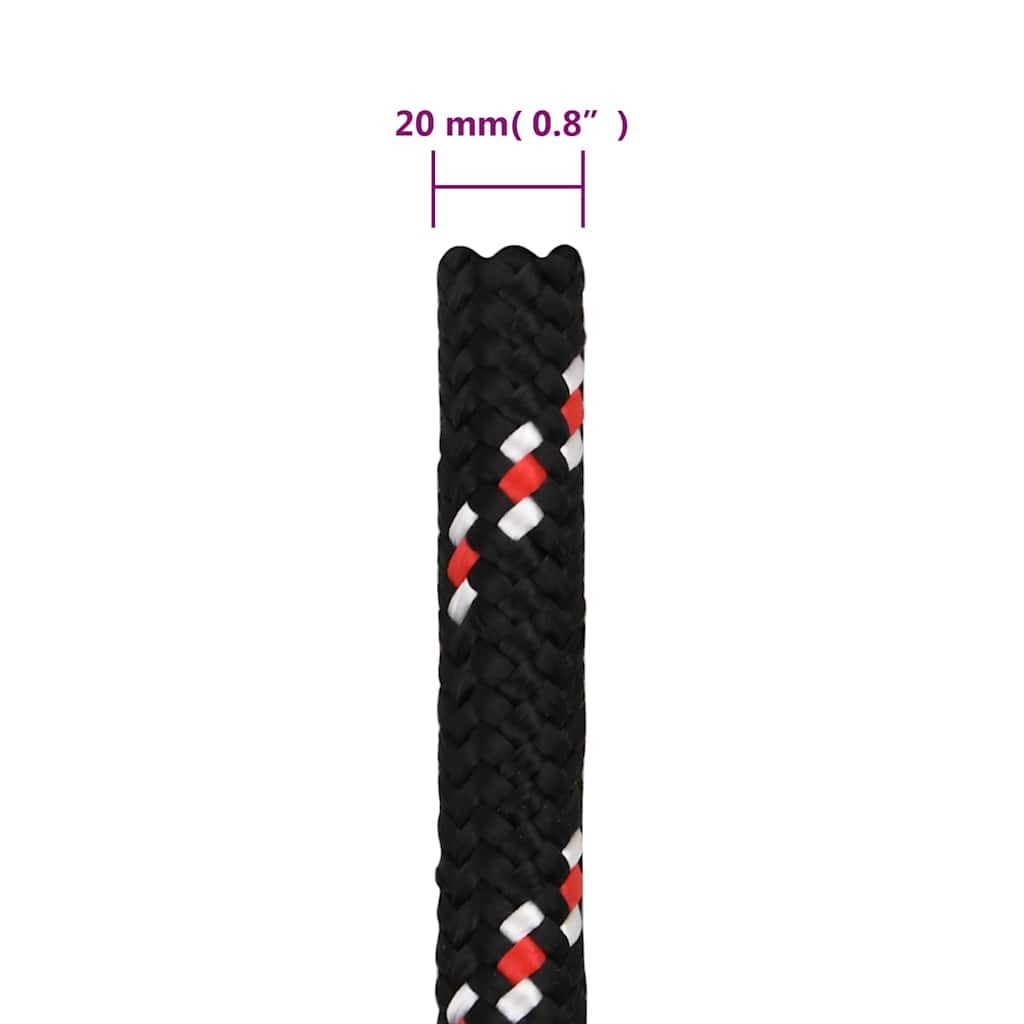 Close up of the black boat rope showing its diameter with a measurement