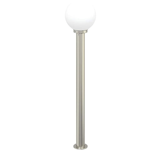 The stainless steel bollard lamp with a white globe light on a white background