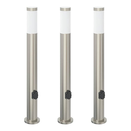 Three stainless steel bollard lights with outlets shown together
