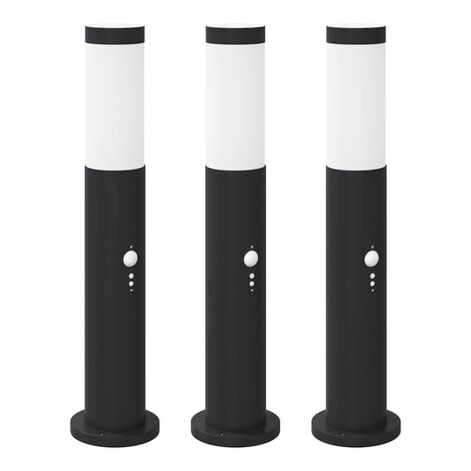 Three vidaXL Bollard Lights standing side by side, showing their cylindrical dark bases and white tops