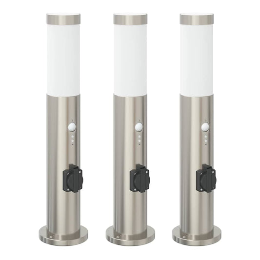 Three stainless steel bollard lights with white tops and black outlets