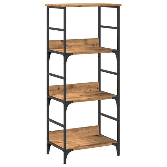 The empty book cabinet with wooden shelves and a black metal frame