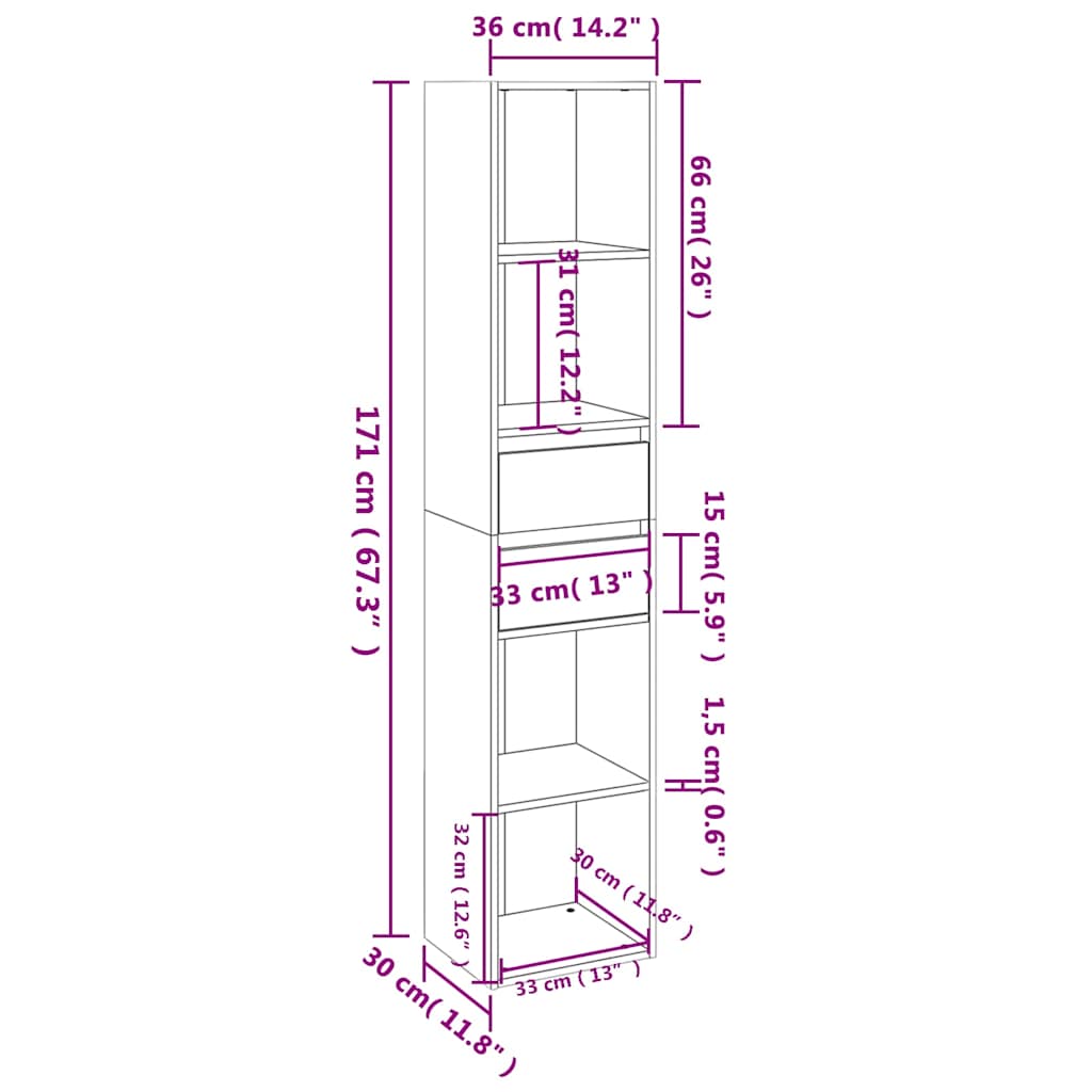 Book Cabinet Concrete Grey Engineered Wood, the tall storage unit with technical lines and measurements showing its