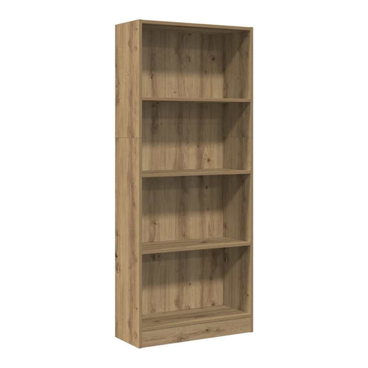 A tall, narrow bookcase with five shelves, made of engineered wood with an oak effect finish