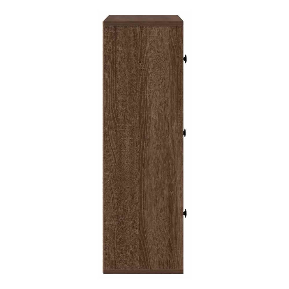 Side view of the brown oak bookcase showing its depth and three doors