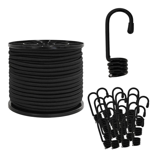The bungee cords and metal hooks arranged on a plain white background