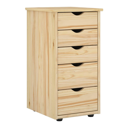 The solid pine wood cabinet with five drawers, shown from the front