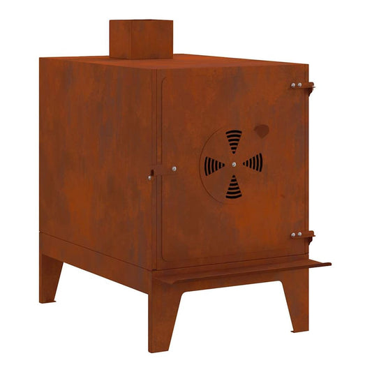 A corten steel camping stove with a door and a ventilation grille