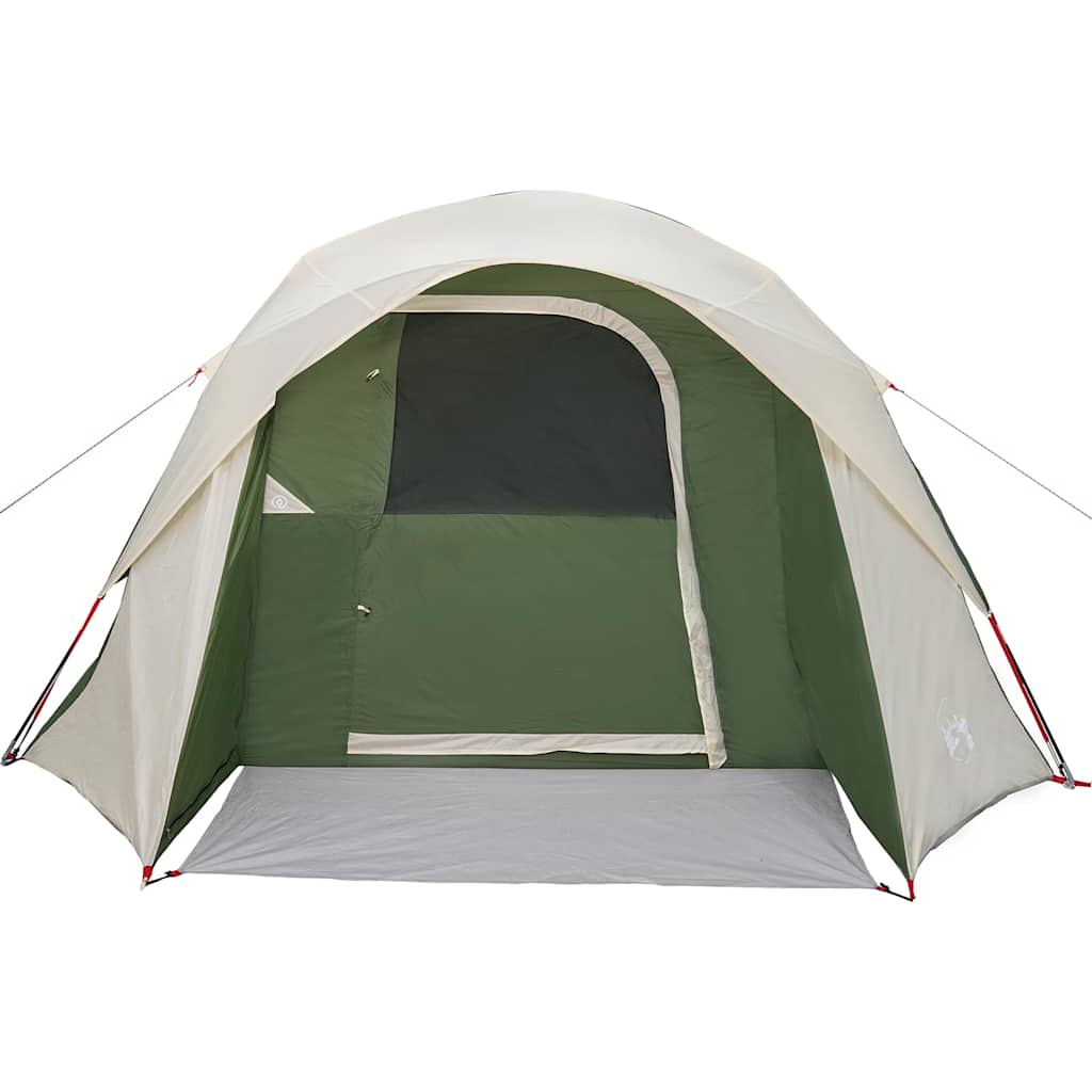 Interior view of the green four-person camping tent cabin showing a window