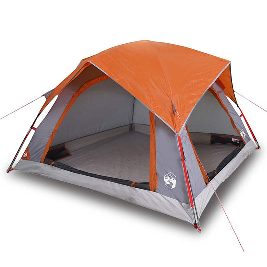 The grey and orange four-person camping tent with the flysheet open
