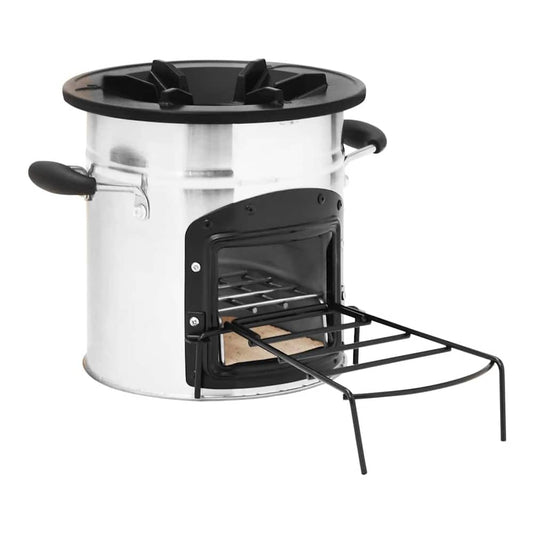 camping wood stove with the door open showing the inside rack