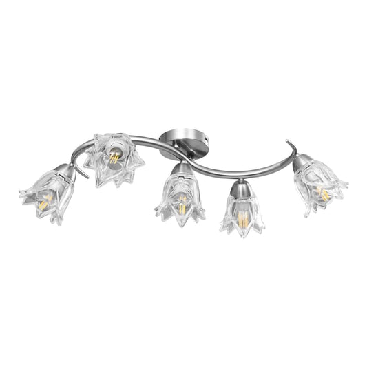 A close-up of the ceiling light fixture showing the curved metal arm and five glass tulip shades