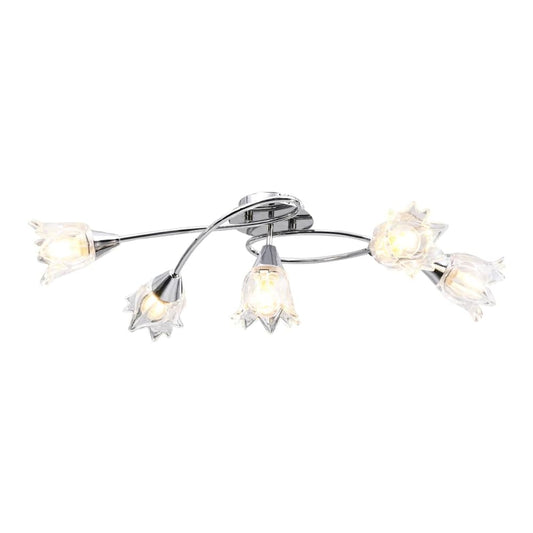 The ceiling light fixture shows its curved chrome arms holding five clear glass tulip shades