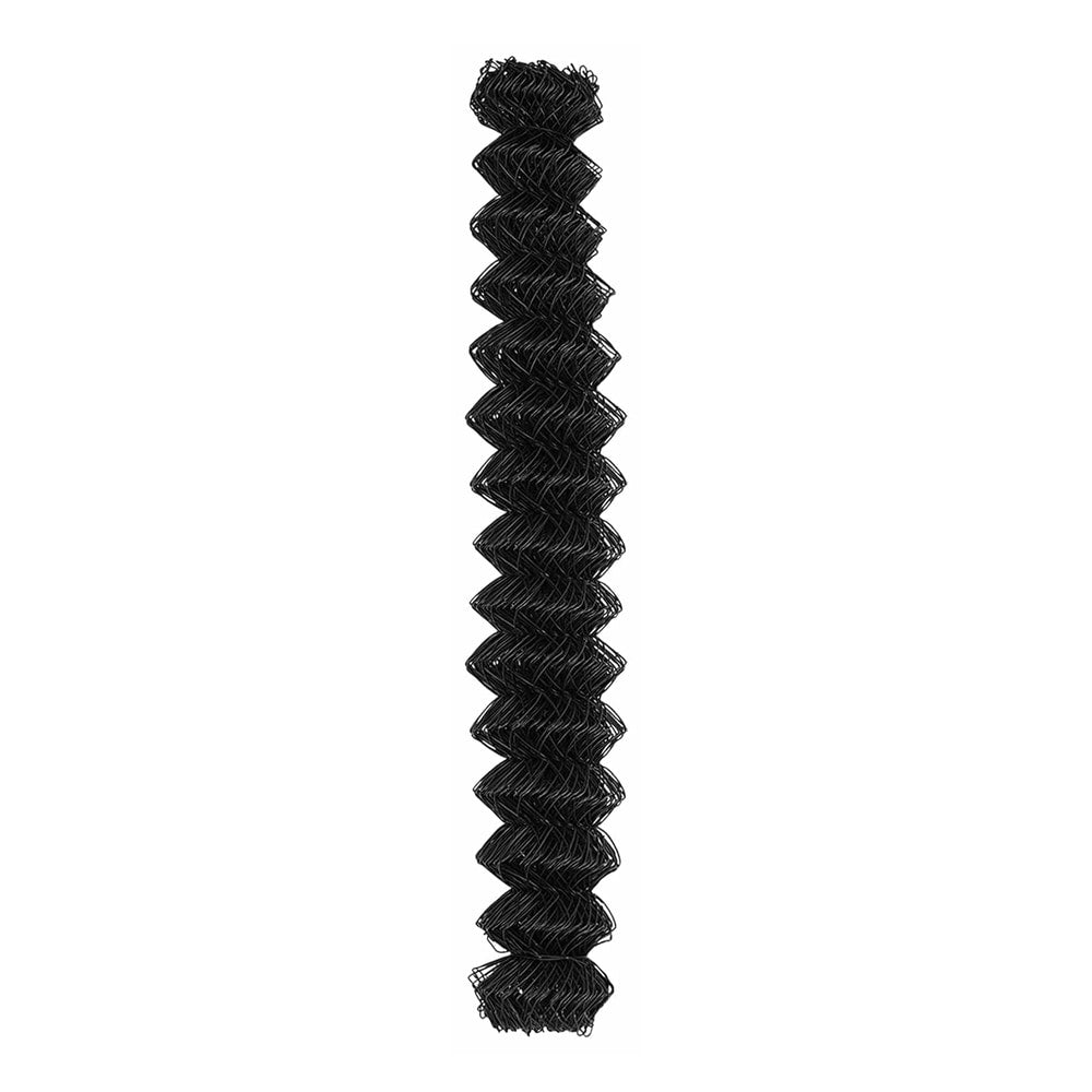 A vertical view of a tightly coiled section of grey chain link fence material