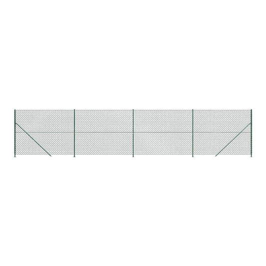 A long section of green chain link fence panel with metal posts