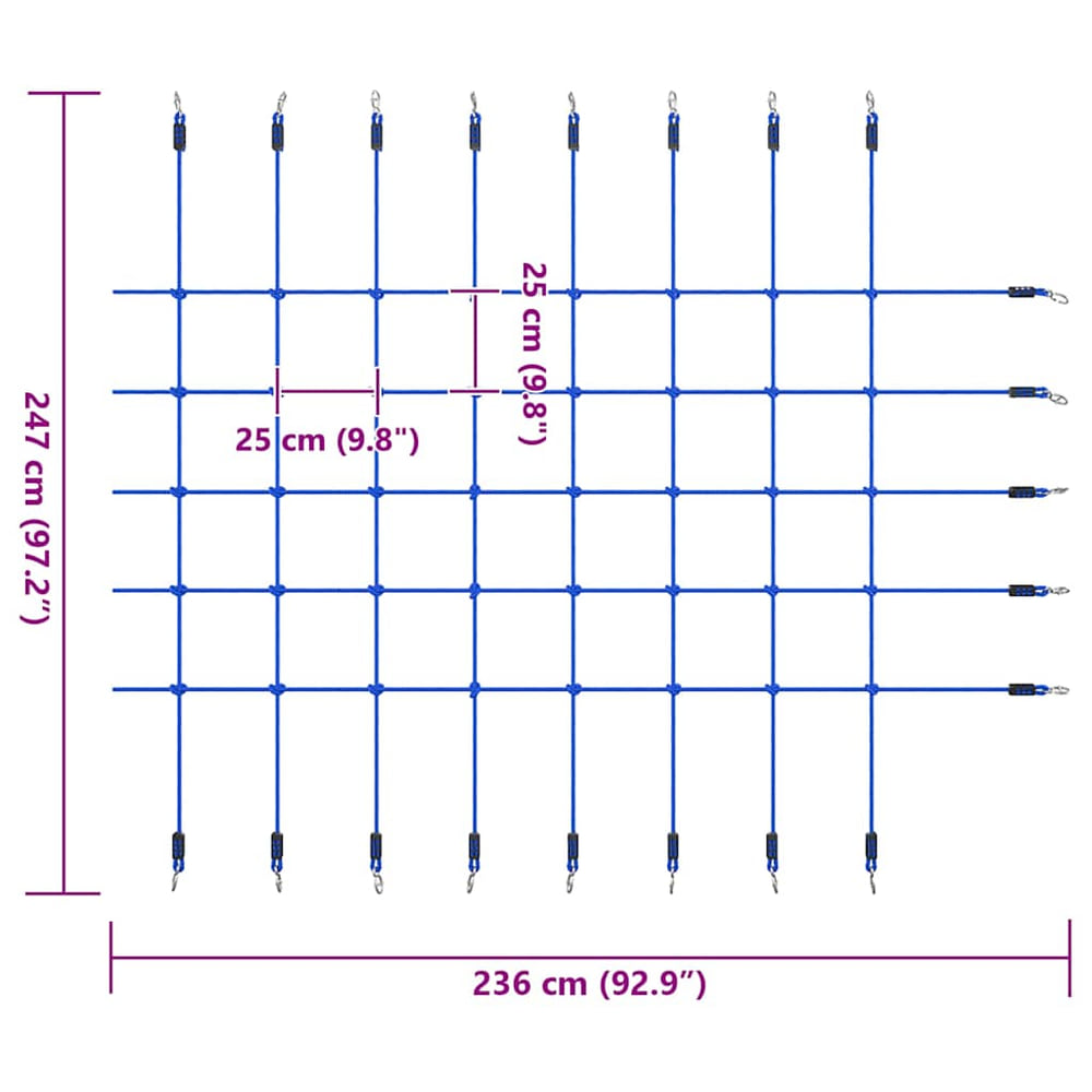 Diagram showing the dimensions of the blue climbing rope net