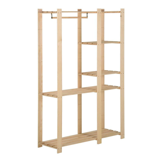 The garment rack has multiple shelves and a hanging rail for clothes