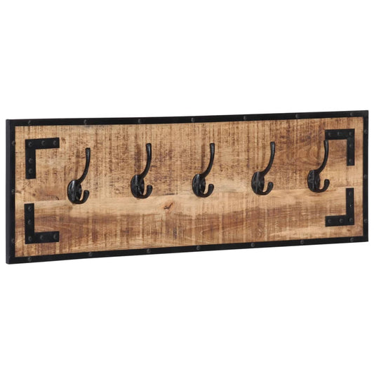 The coat and hat rack featuring a rectangular wooden board with five black metal hooks