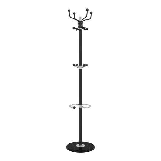 The black coat stand with umbrella holder, showing its full height and design