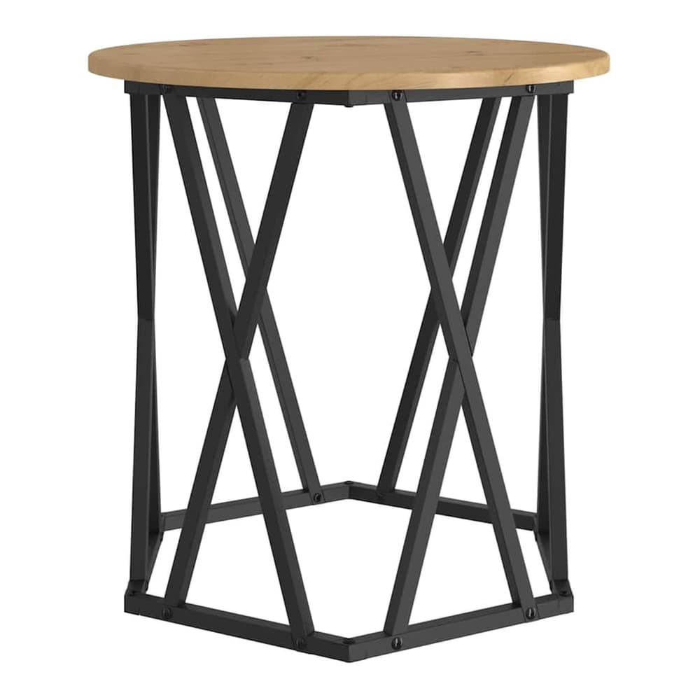 Single artisan oak coffee table with black metal base on a rug