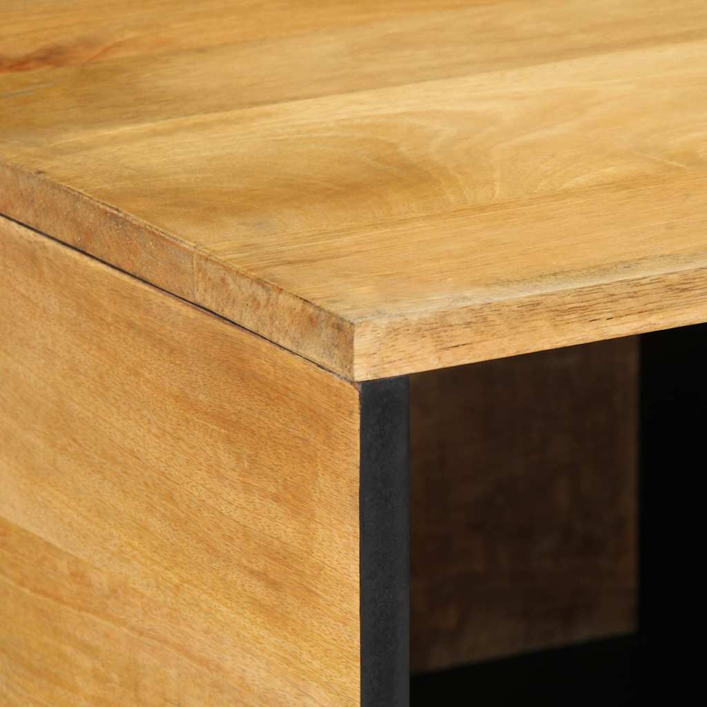 A close-up of the coffee table corner showing the wooden top surface and black frame