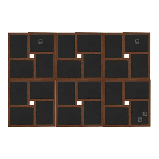 The picture frame seen from the back showing the dark brown wooden structure and metal clips