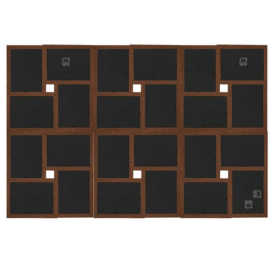 The picture frame seen from the back showing the dark brown wooden structure and metal clips