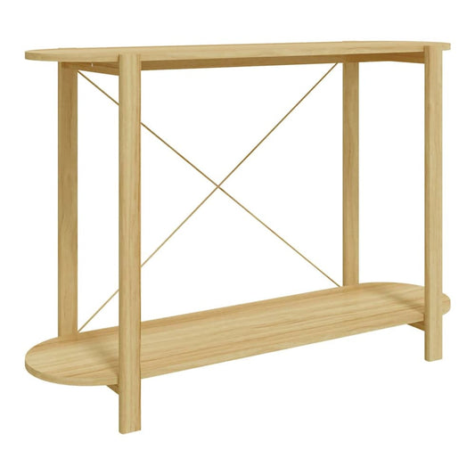 The console table has a simple design with two shelves and cross supports at the back