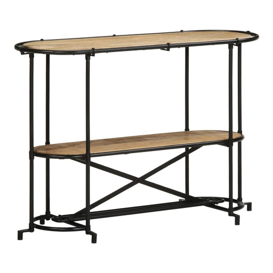 The console table, a two-tiered unit with a rustic wooden top and shelf supported by a black metal frame