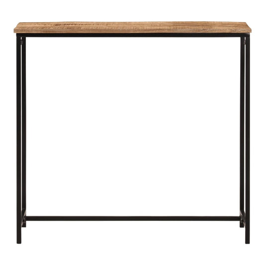 A narrow console table with a solid mango wood top and a black metal frame, shown against a white background