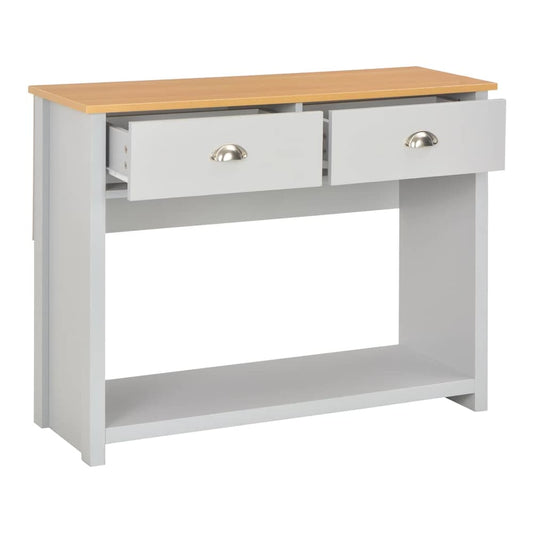The grey console table with both drawers open showing storage space