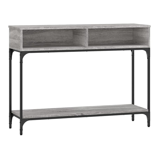 Grey Sonoma engineered wood console table with two shelves and black metal legs